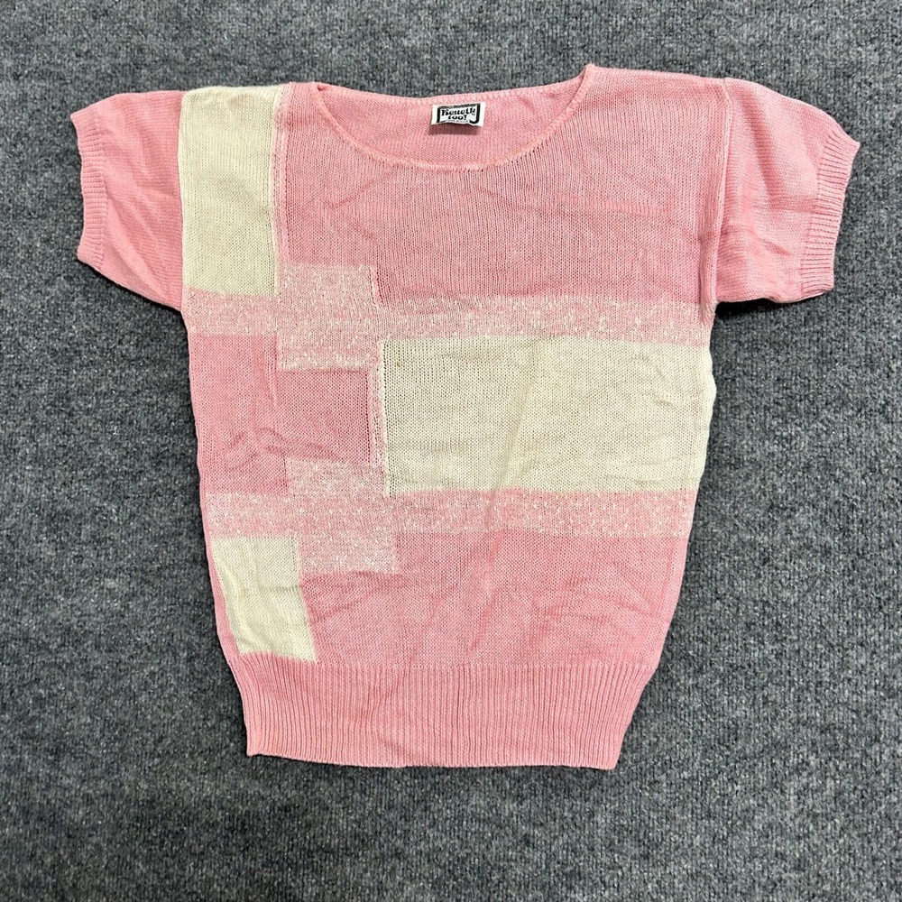 Renoir Too! Knit Top Womens Size M Pink Cream Colorblock Short Sleeve Vintage
